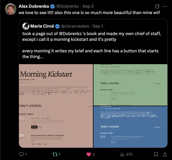 Screenshot of Alex Dobrenko replying enthusiastically to Marie's Morning Kickstart post, above a three-image preview of the tool in pink, green, and blue themes.