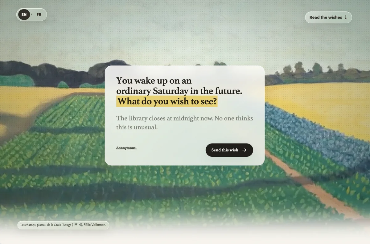 Dear Future website showing a wish prompt and an anonymous response over a colorful Felix Vallotton landscape.