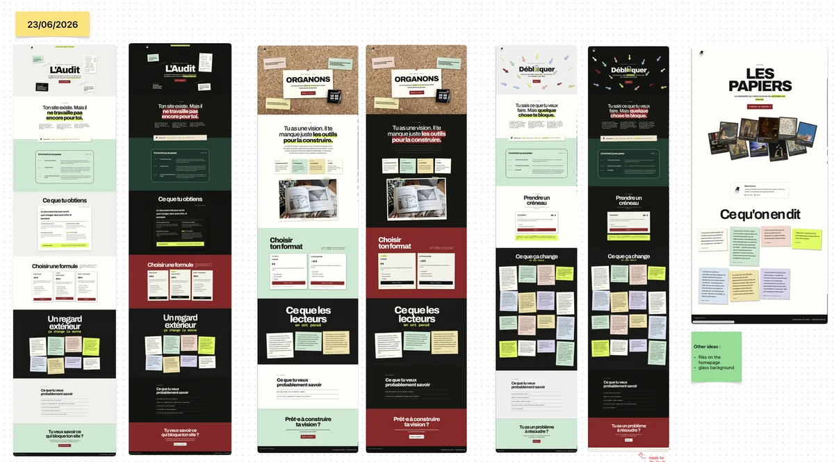 Second redesign attempt: vintage stationery style with cream and dark-green sections, cork board textures, sticky notes, and bristol-card testimonials across the audit, consultation, and newsletter pages.