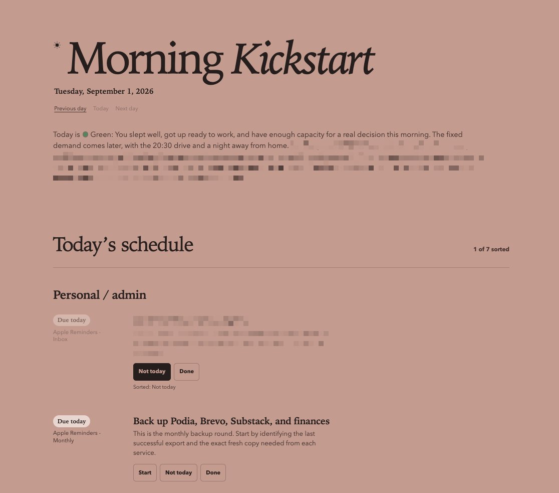 The Morning Kickstart dashboard showing a morning brief and Start, Not today, and Done controls