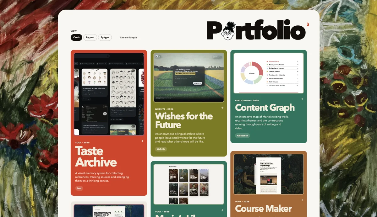 Screenshot of Marie Drouvin's portfolio showing colorful project cards for Taste Archive, Wishes for the Future, Content Graph, and Course Maker over a painted background.