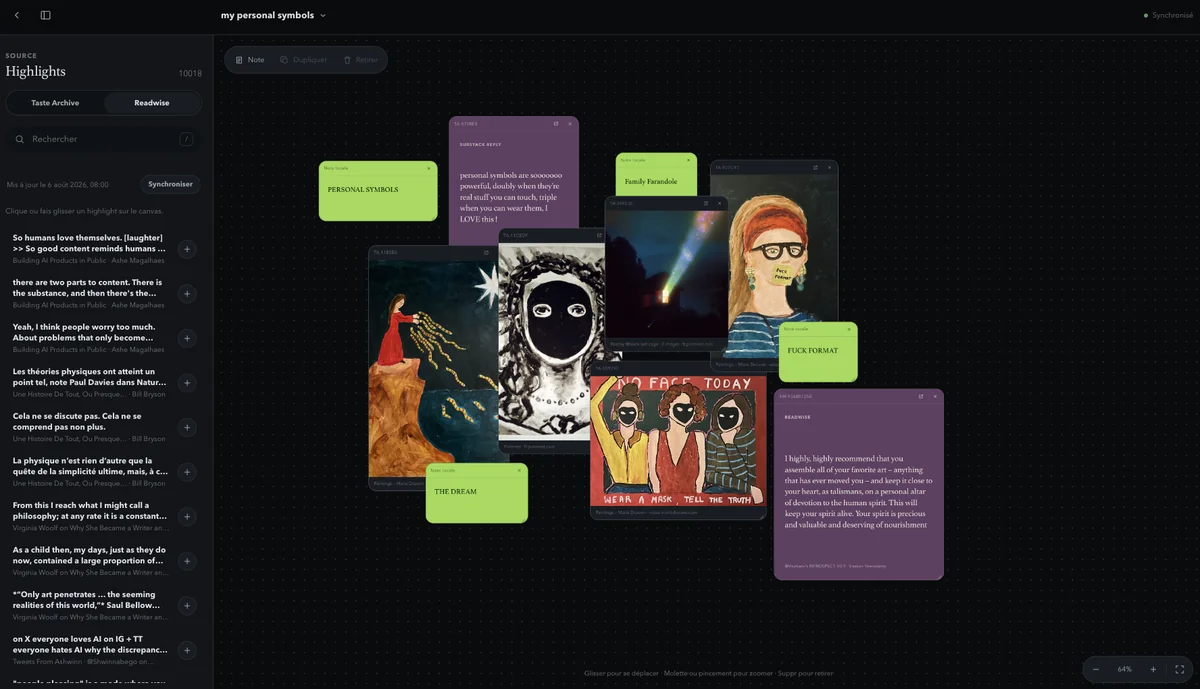Dark infinite canvas with paintings, images, quotes, and neon-green notes arranged visually, beside a searchable Readwise highlights panel.