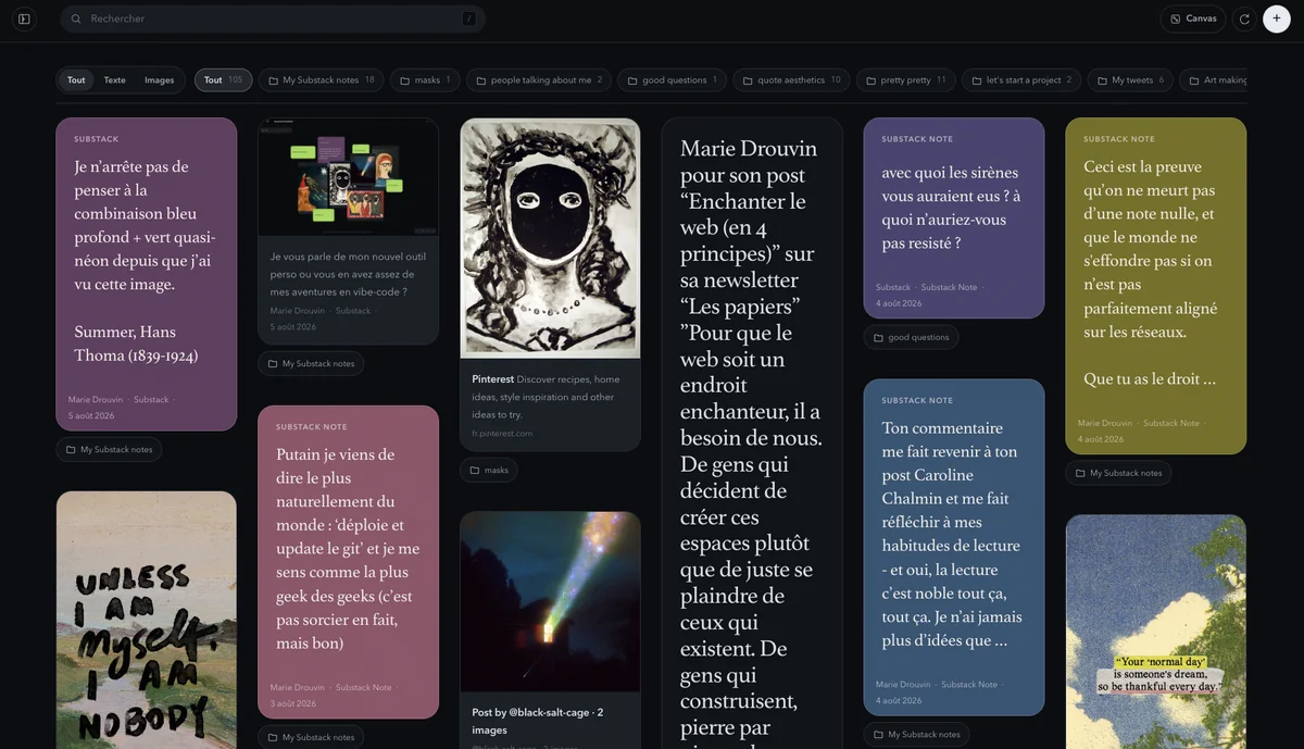 Dark-mode Taste Archive interface showing a searchable grid of saved images, Substack notes, quotes, and collection filters.